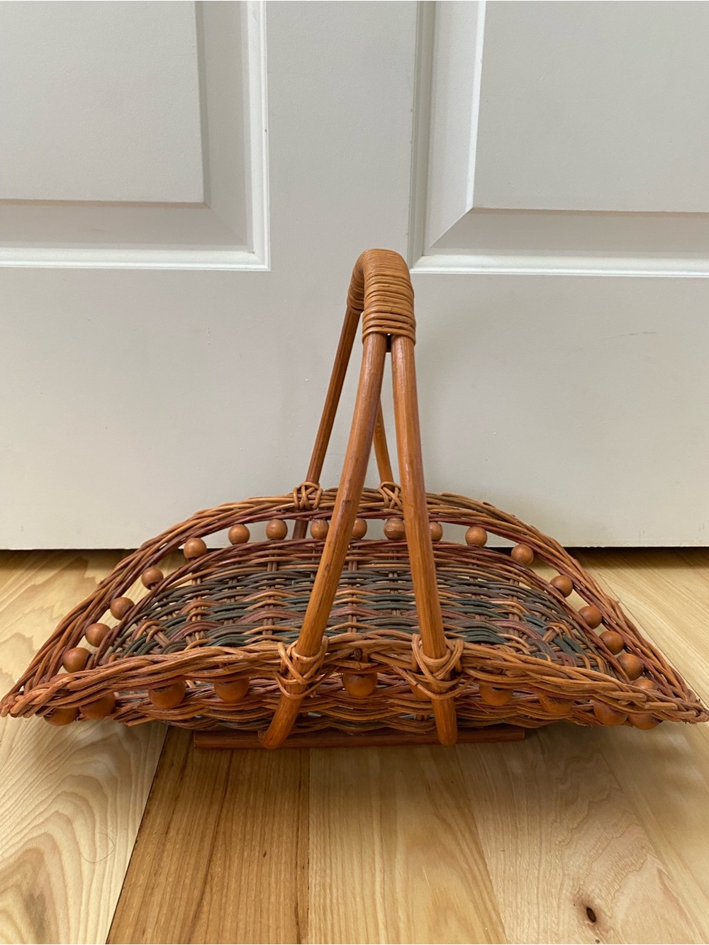 Vintage Flower Garden Trug Basket with Wooden Beads Wicker Gathering Basket